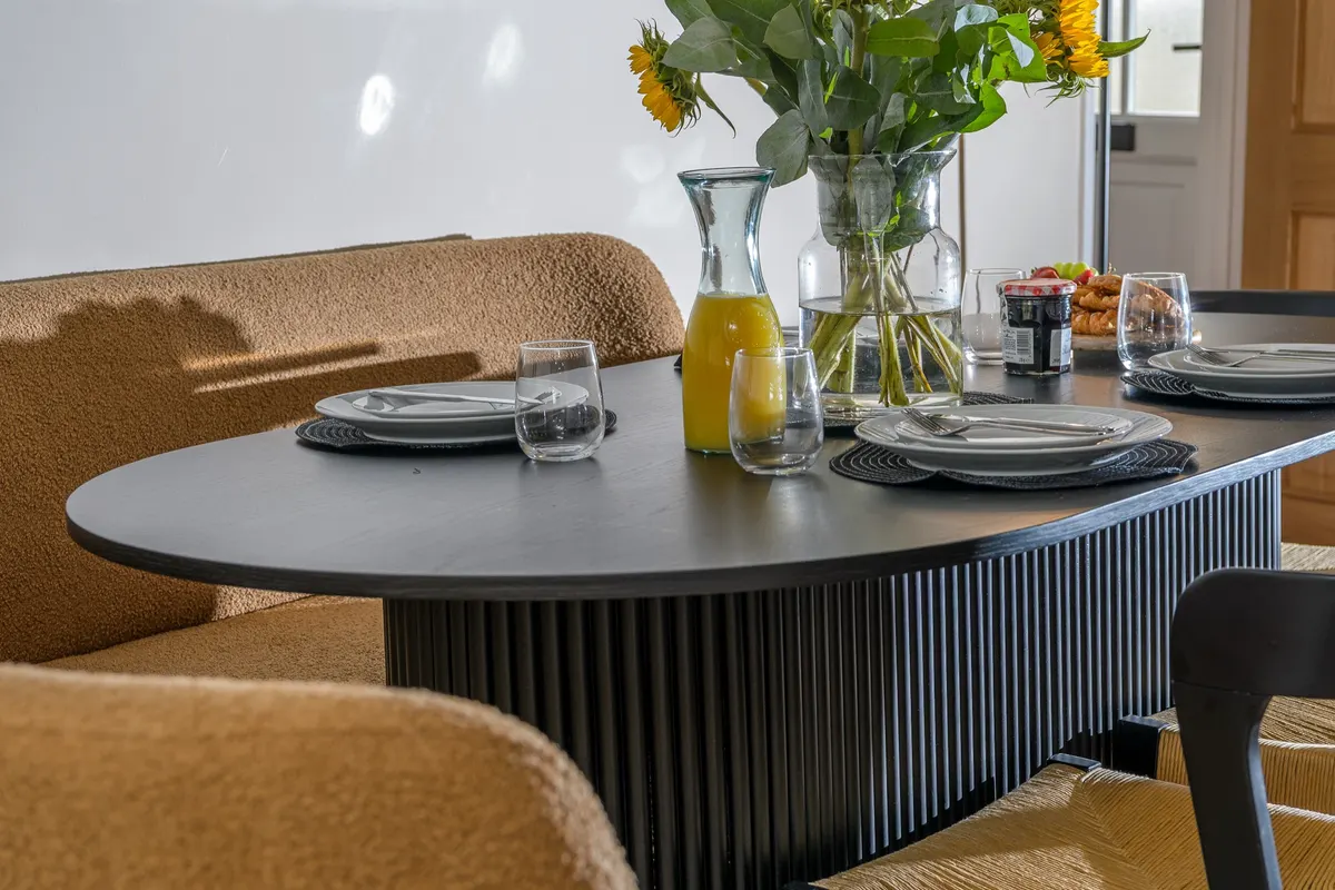 Dining table set for a meal
